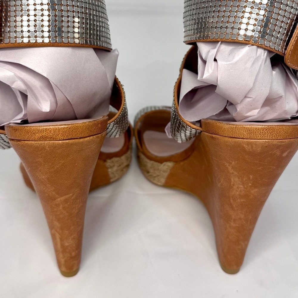 Stuart Weitzman Vintage Tan Leather Silver Chainmail Espadrille Wedge 8M W69188 - Picture 13 of 14